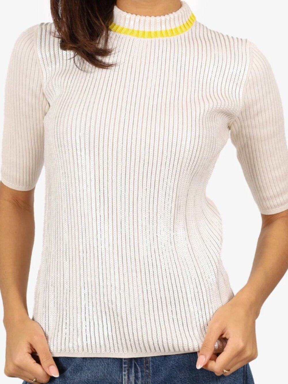 Louis Vuitton Ribbed Sweater with Sequins and Yellow Accent Neck